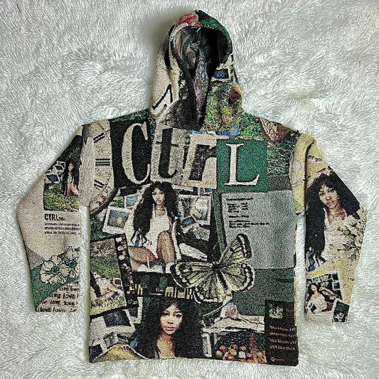 Y2k Vintage Saz Ctrl Graphic Print Tapestry Pullover Hoodie